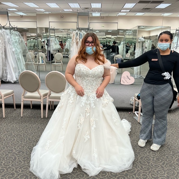 David’s Bridal wedding dress; complete with veil and rose gold belt - Picture 5 of 12